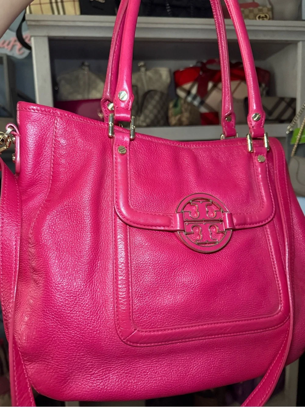 Tory Burch Bright Pink Pebbled Leather Shoulder Bag